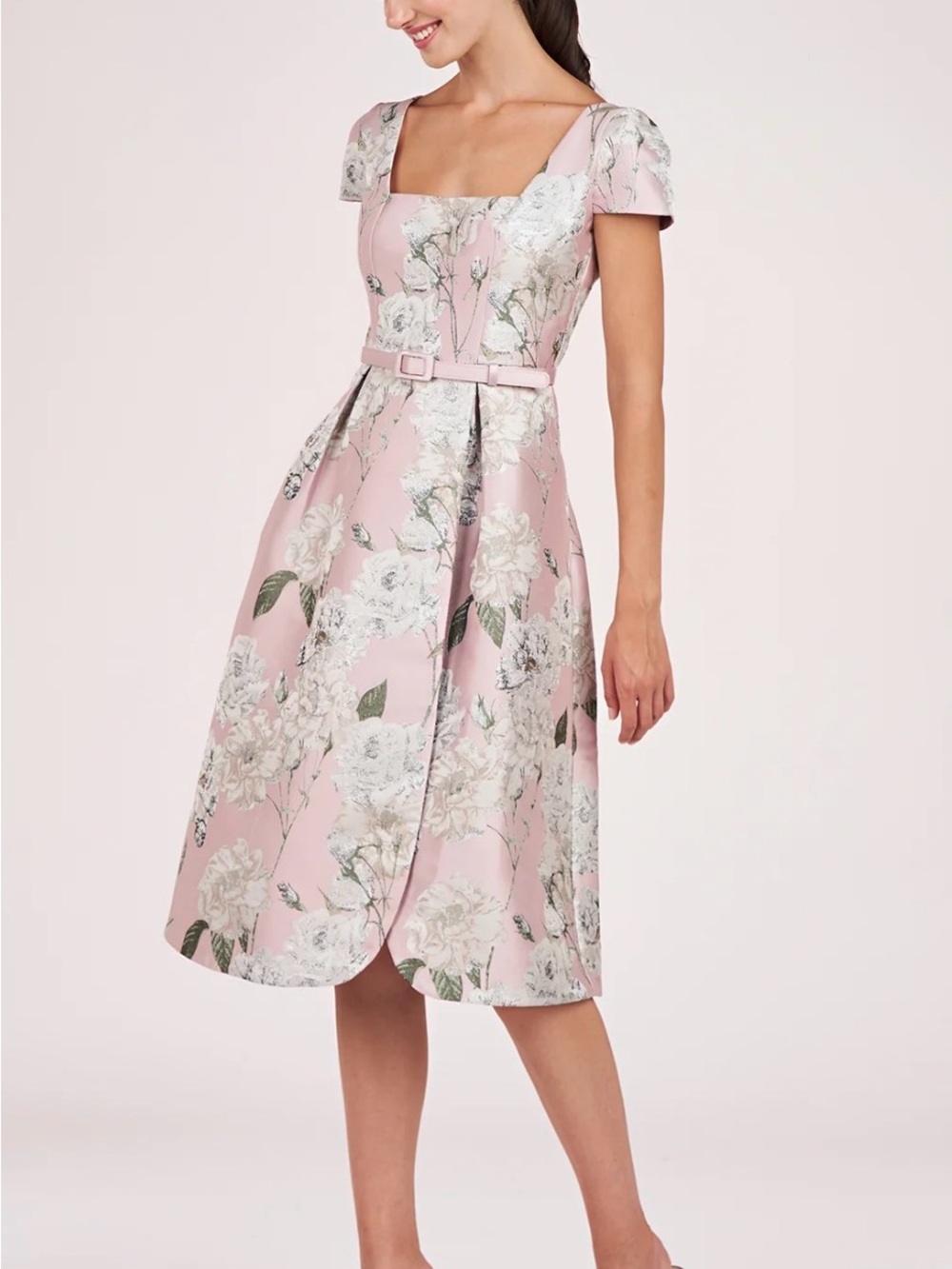 Kay Unger Blush Pink Floral Square-Neck Midi Dress